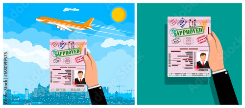 Man hand holding approved visa passport with plane flying above city. International travel document for business trip.
