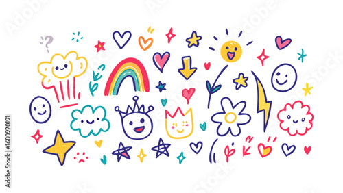 Fun doodle collection with rainbow and smiley faces