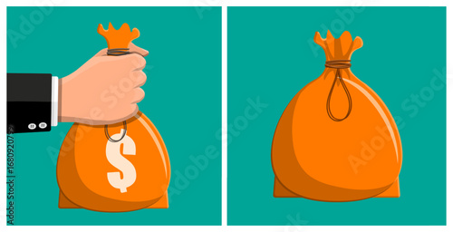Caucasian man holding orange money bag with dollar sign. Giving or receiving cash illustration. Saving, investment concept.