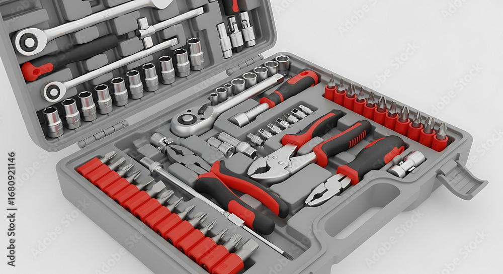 Fototapeta premium Comprehensive mechanics tool kit featuring socket wrenches pliers screwdrivers and various bits organized in a durable gray carrying case for home or professional use