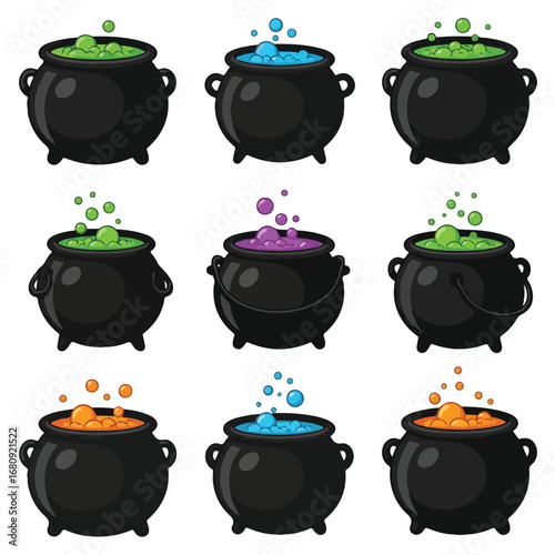 Nine bubbling halloween cauldrons filled with colorful potions and magical steam