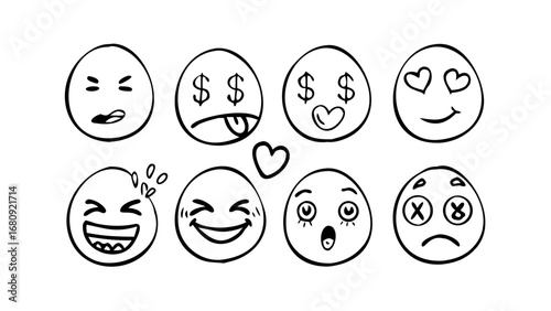 Hand drawn expressive emoji faces expressions emotions