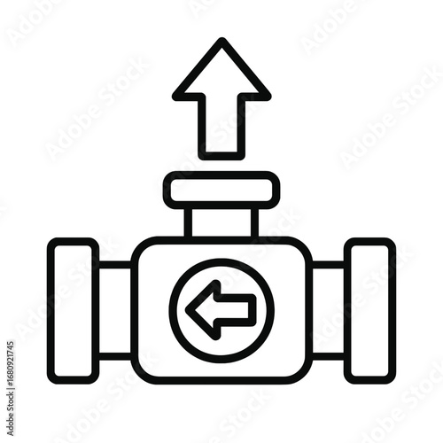 Black line icon of backflow preventer valve with directional arrows on dark background