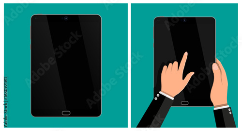 Man holding digital tablet and touching blank black screen. Internet browsing or reading on electronic device concept.