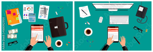 Hands of a businessman looking at calendar on a tablet for scheduling. Work desk with computer and office supplies, flat style vector illustration.