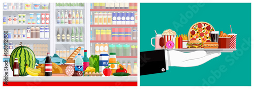 Supermarket full of fresh food and a hand holding fast food plate with pizza, burger and popcorn. Delicious food concept.