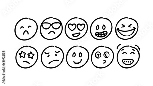 Hand drawn smiley faces with various expressions happy