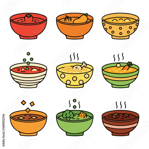 Collection of nine colorful cartoon bowls filled with various delicious hot soups and stews