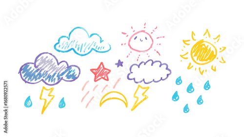 Hand drawn weather elements crayon style clouds rain