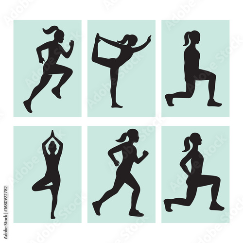 Fitness and Yoga Vector Art, Exercise Poses Silhouette Set
