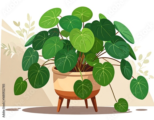 A vibrant illustration of a Pilea peperomioides plant in a decorative pot, showcasing lush green leaves and a warm color palette.