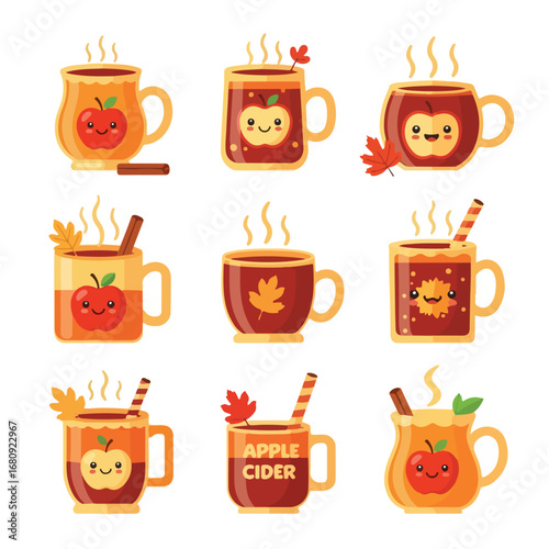 Collection of nine cozy autumn mugs filled with hot beverages and fall decorations