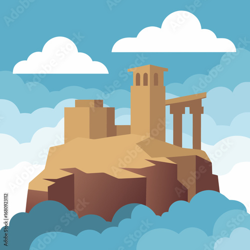 Vector art of ancient castle ruins on a rocky island surrounded by clouds
