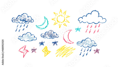 Hand drawn weather icons moon clouds