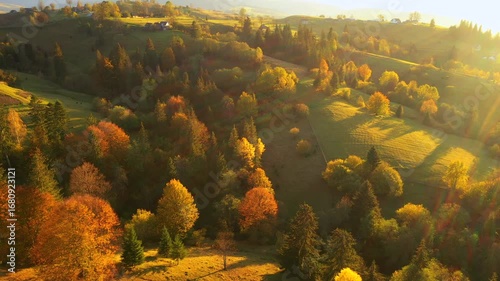 Gorgeous footage of a drone flying over a hilly area with autumn trees. Carpathian mountains, Ukraine, Europe. Filmed UHD 4k video.