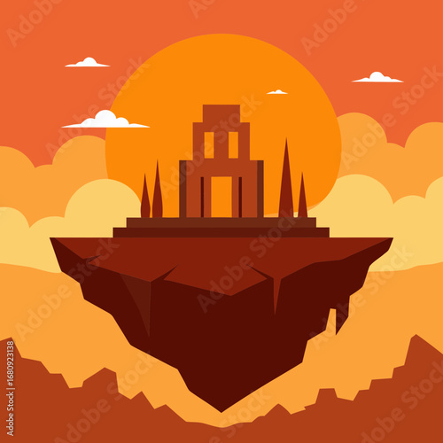 Vector art of floating island with ancient temple structure at sunset