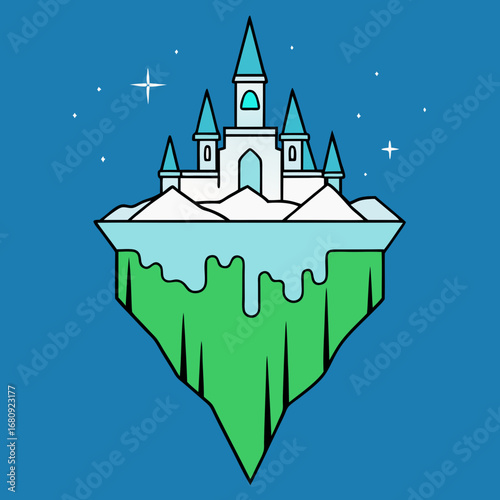 Vector art of floating ice castle on a green island under a starry night sky