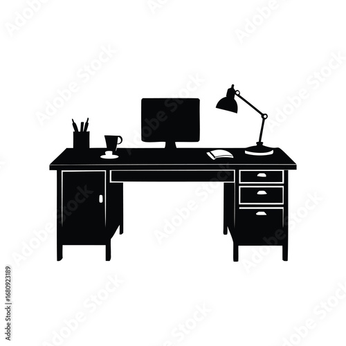 Black silhouette of a modern desk setup including computer and lamp, office desk silhouette vector illustration