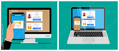 User login to account on desktop computer. Man hand hold smartphone for two factor authentification using security code.