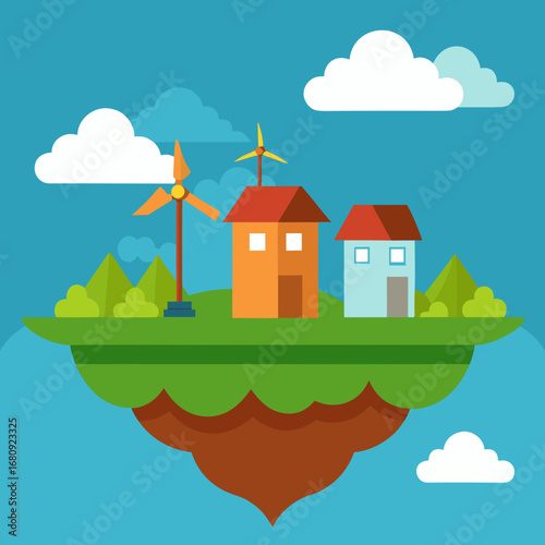Vector art of floating island with ecofriendly houses and wind turbines