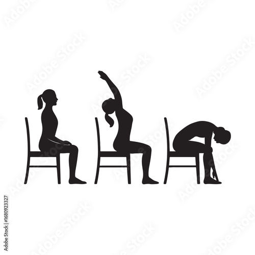 Chair yoga poses vector set, Simple stretching and fitness silhouettes