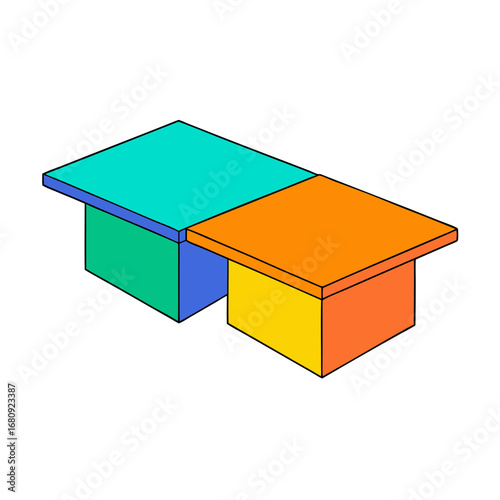 Vector art of two colorful tables, one teal and green, the other orange and yellow