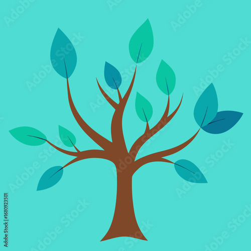 Vector art of stylized illustration of a tree with teal leaves and brown trunk on a teal background