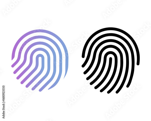 Vector art of two fingerprint icons, one in gradient purple and blue, the other in black