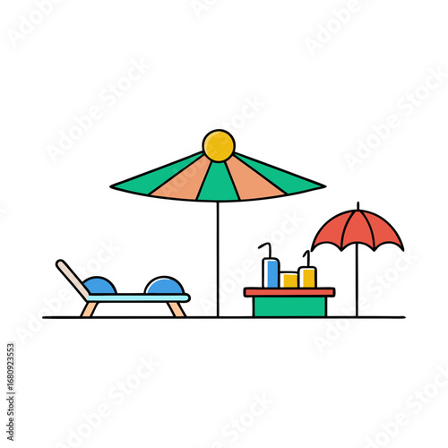 Vector art of beach scene with lounge chair, umbrellas, and bottles