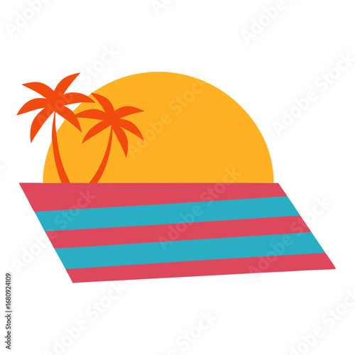 Vector art of stylized beach towel with palm trees and sun