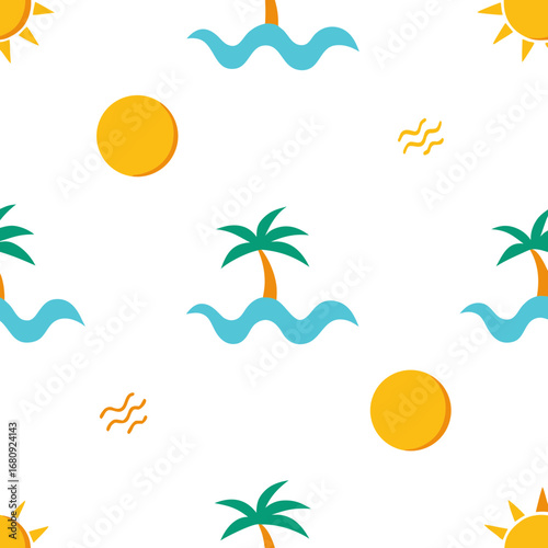 Vector art of seamless pattern with tropical island, palm tree, and sun