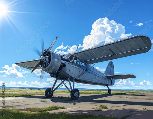 A vintage biplane rests on a sun-drenched airfield, showcasing its timeless design against a vibrant sky filled with fluffy clouds.