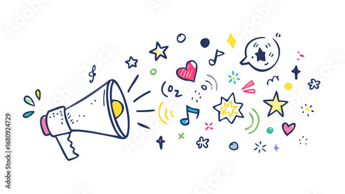 Megaphone with colorful doodles illustration hand drawn