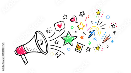 Megaphone with colorful exploding elements announcement