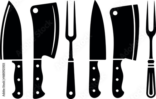 Black and White Culinary Tools Vector Illustration Featuring Knives Cleavers and Forks for Professional Chefs and Home Cooking Enthusiasts