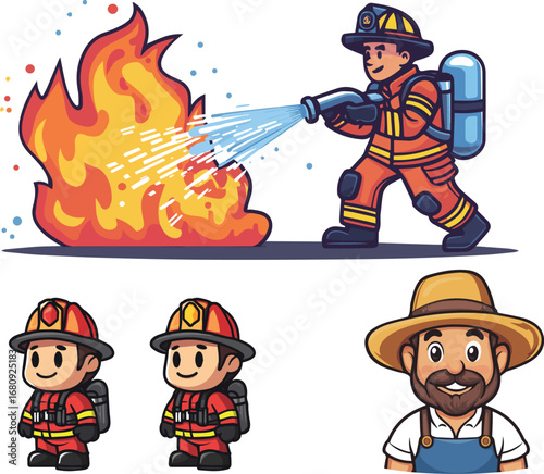Cartoon firefighter in action with axe and helmet illustration