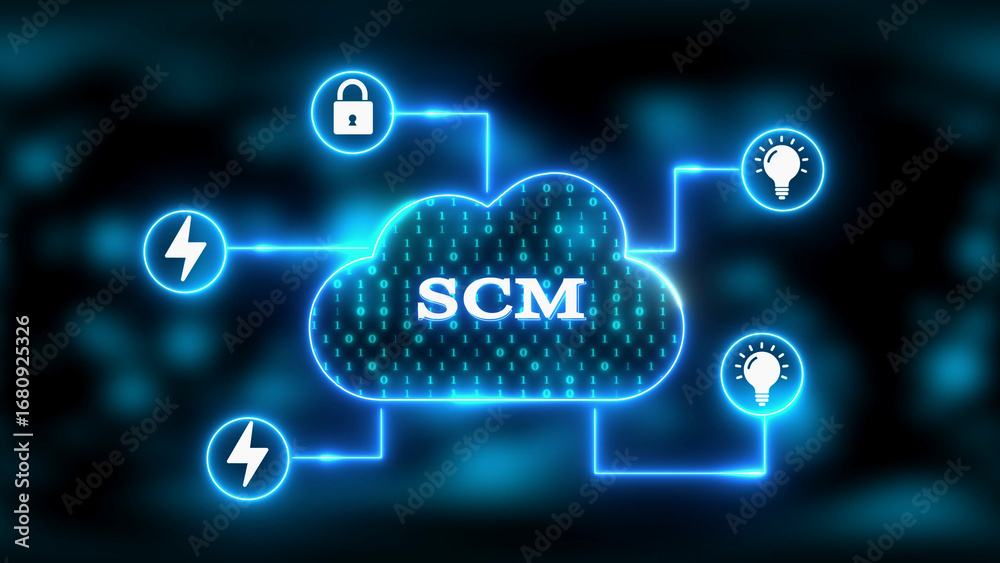 Fototapeta premium Neon Blue Cloud Network with SCM and Business Icons supply chain management cloud computing