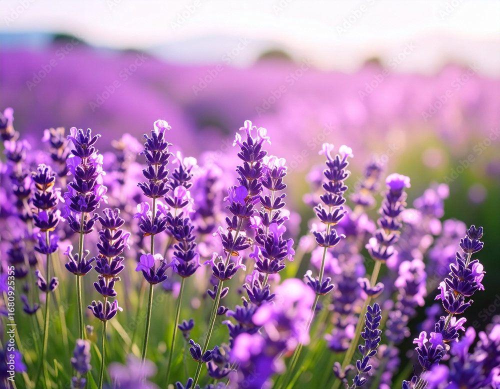 Fototapeta premium Close up of vibrant purple lavender flowers in a field with soft focus background