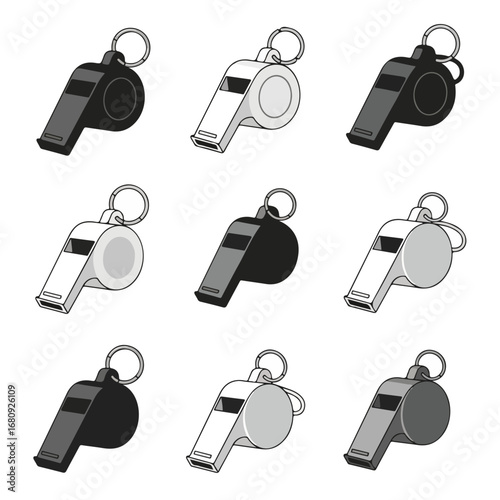 Collection of nine black and white hand drawn whistles on a white background