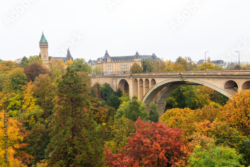 Scenic autumn view of Adolphe Bridge in Luxembourg city, Luxembourg