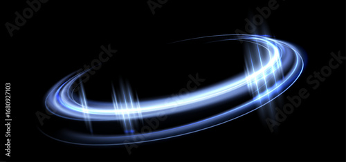 Blue glowing magic ring. Neon realistic energy flare halo ring. Abstract light effect on a black background. Vector illustration.