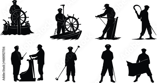 Silhouettes of sailors, captains, and seamen working on ships, steering wheels, using ropes, holding tools, maritime life illustration vector.