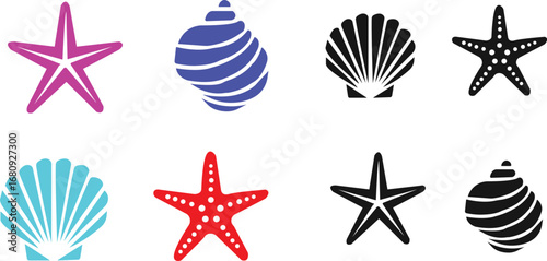 Seashells black icons collection. Starfishes and seashells vector icons .Marine Shell illustration isolated.Scallop,conch shell.snail icon.sea star fish marine illustration,background art.