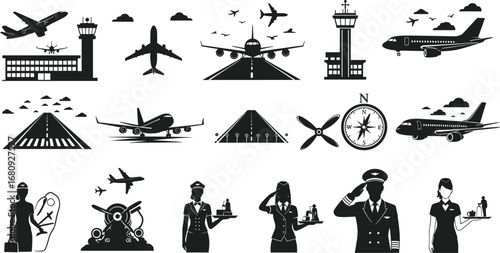 Airplane icons, airport runway, air traffic control tower, commercial flight, pilots, flight attendants, aviation travel, compass, airplane landing, travel symbols