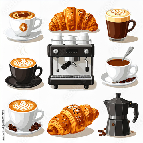 Flat Design Coffee Set with Espresso Machine and Croissants