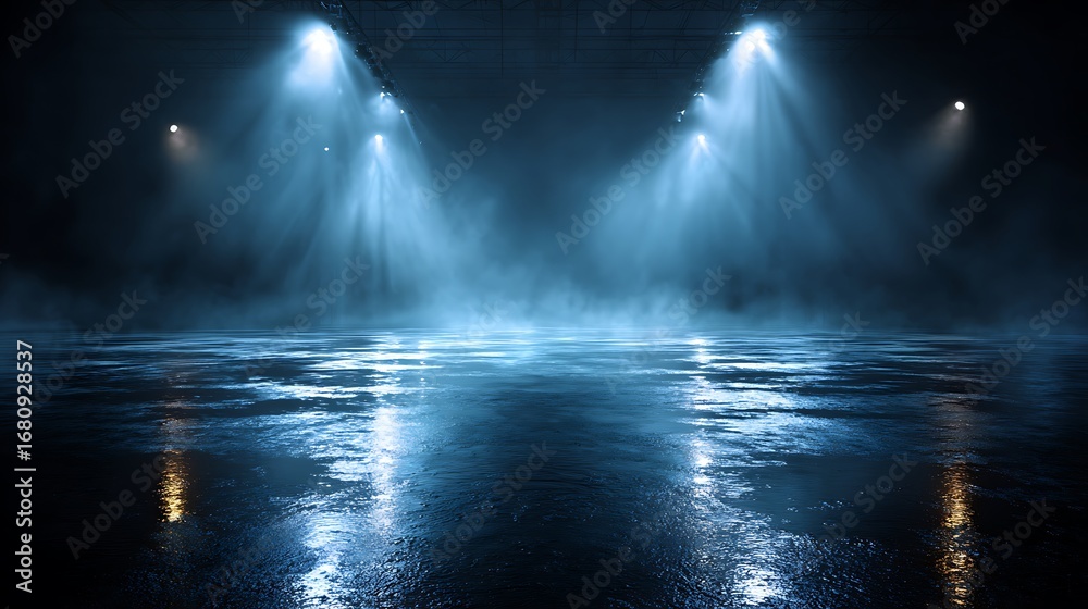 Obraz premium dark street wet asphalt reflections of rays in the water abstract dark blue background smoke smog empty dark scene neon light spotlights concrete floor.