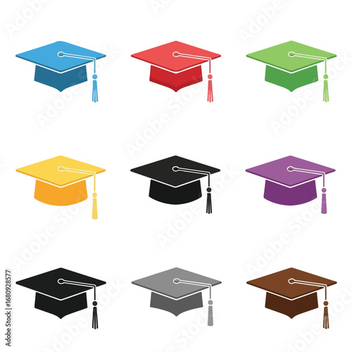 Collection of colorful graduation caps with tassels representing academic achievement and education