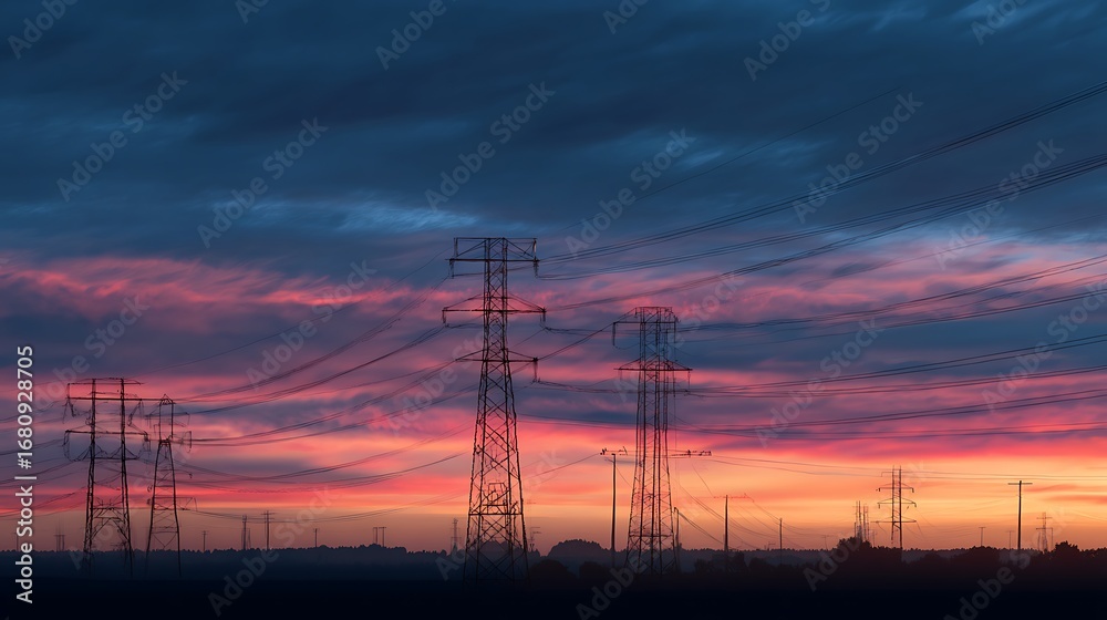 Fototapeta premium Digital Power Lines Dusk Landscape.
