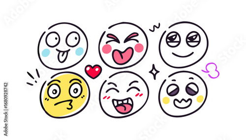 Six expressive cartoon faces with a heart emoji expressions