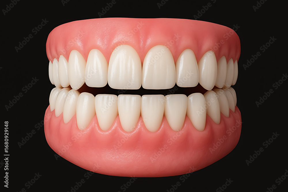 Obraz premium Perfectly aligned and healthy teeth. a detailed 3d render of a human jaw showing perfectly aligned, clean, and healthy white teeth, set against a black background